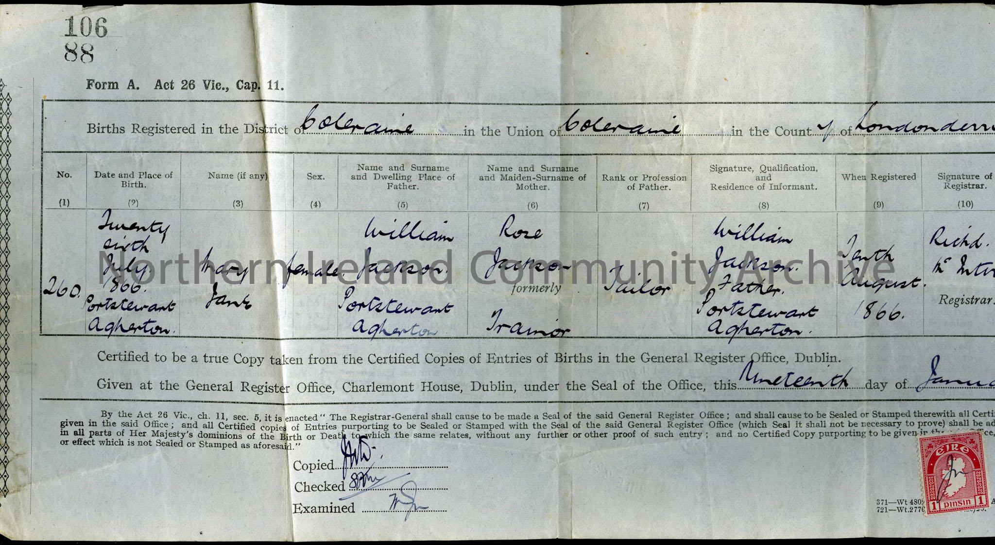 1927 copy of birth certificate for Mary Rose Jackson, Agherton, Portstewart. Gives her date of birth as 26.7.1866.