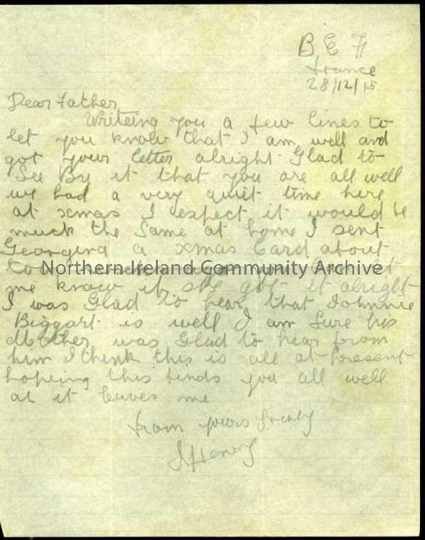 Handwritten letter in pencil from James to his father. Christmas was quiet. Mentions Johnnie Biggart and Georgina