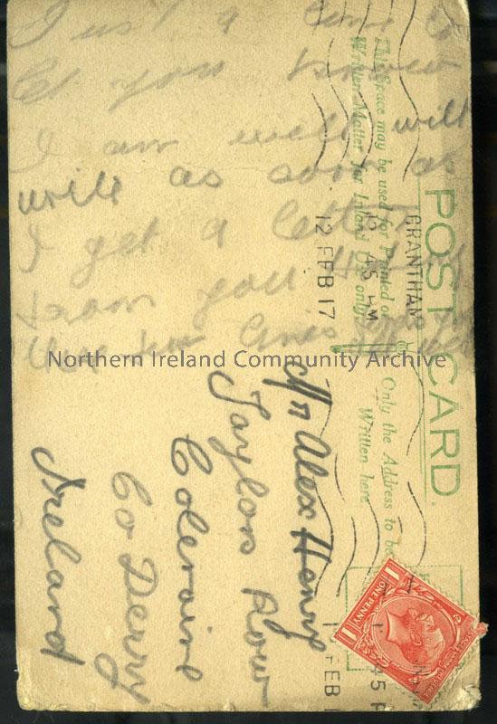 Handwritten postcard in pencil from James to father, with Grantham PO stamp.