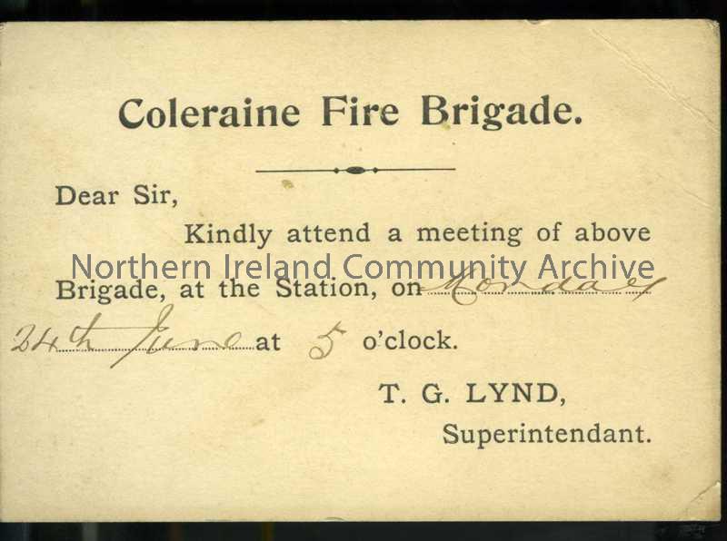 Fire Brigade postcard, giving notice of meeting.