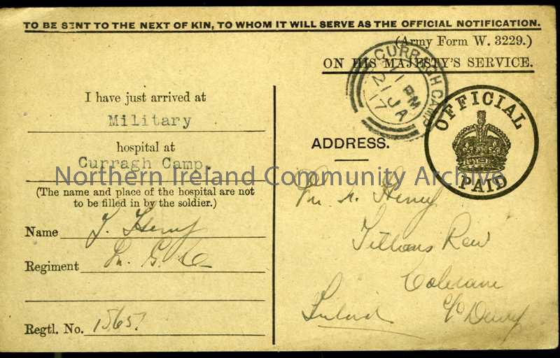 Standard hospital notification postcard – printed with information typed in spaces. James is in Military Hospital at Curragh Camp. Printed visiting in…