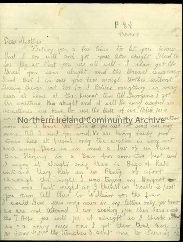 Handwritten letter in pencil from James to his mother. Glad to get notepad as have to use rifle but to write letters on. Does not need any more socks….