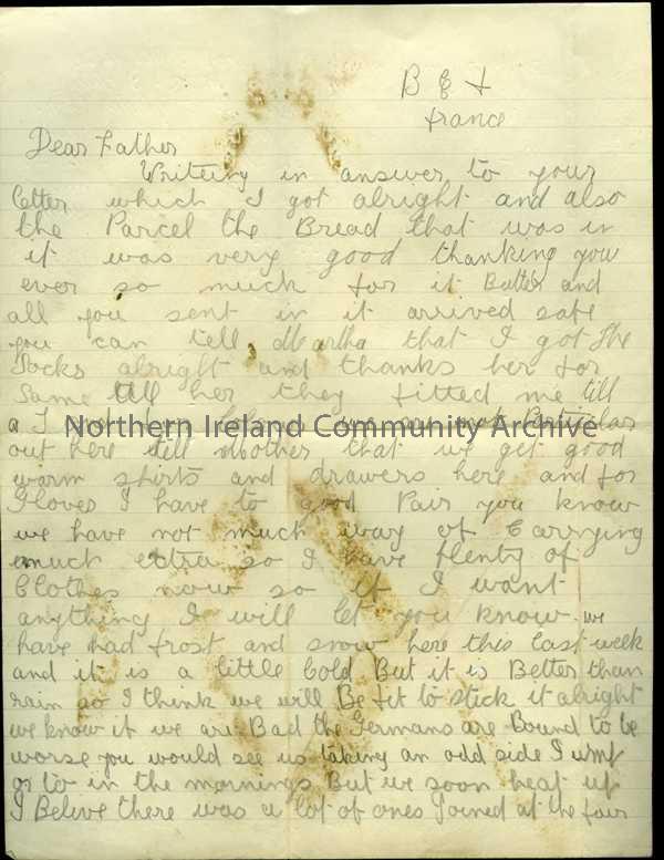 Handwritten letter from James to his father. Discusses socks received, toe covers his mother sent, and other items of uniform – has not much way of ca…