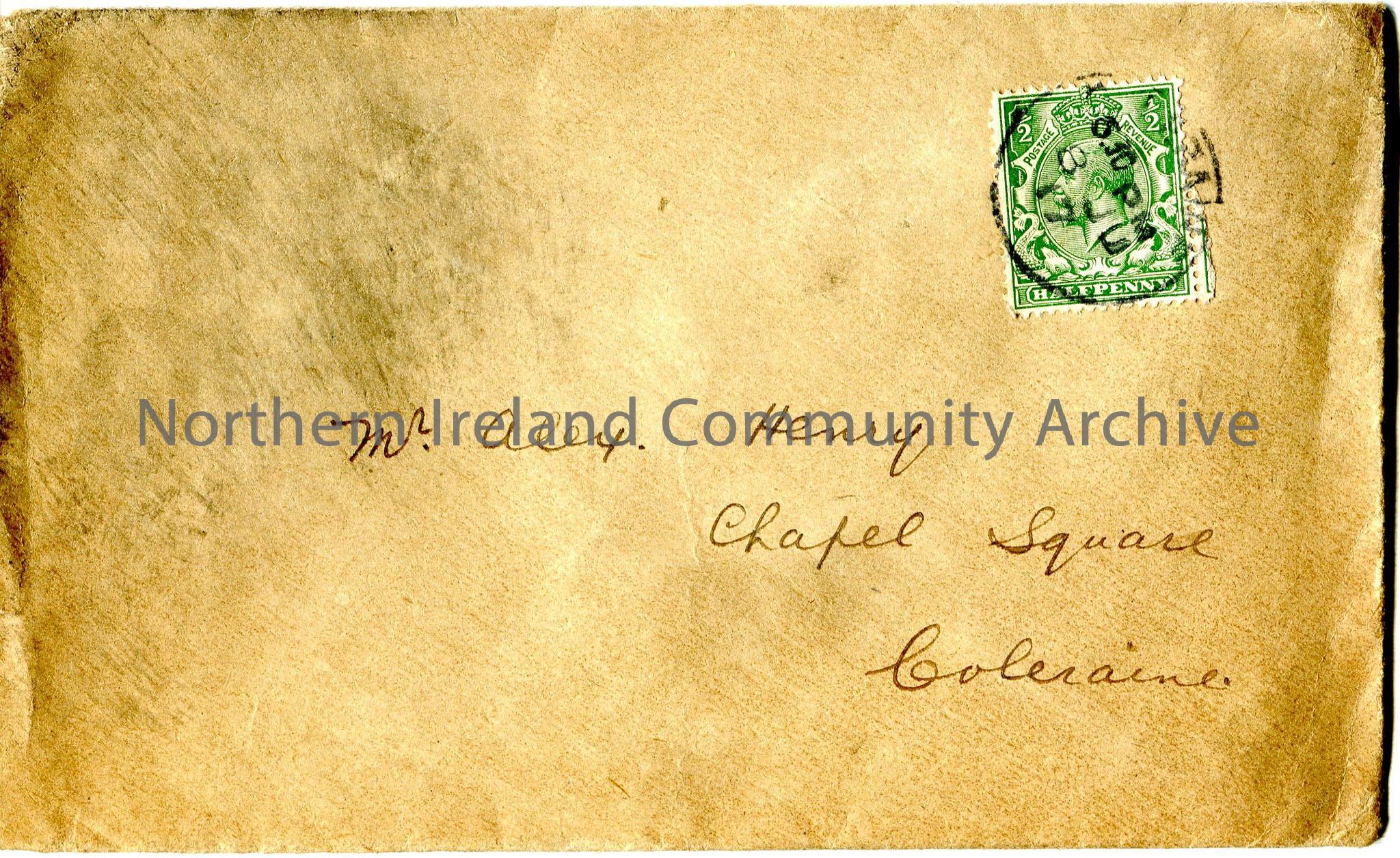 Buff addressed envelope with Coleraine PO stamp