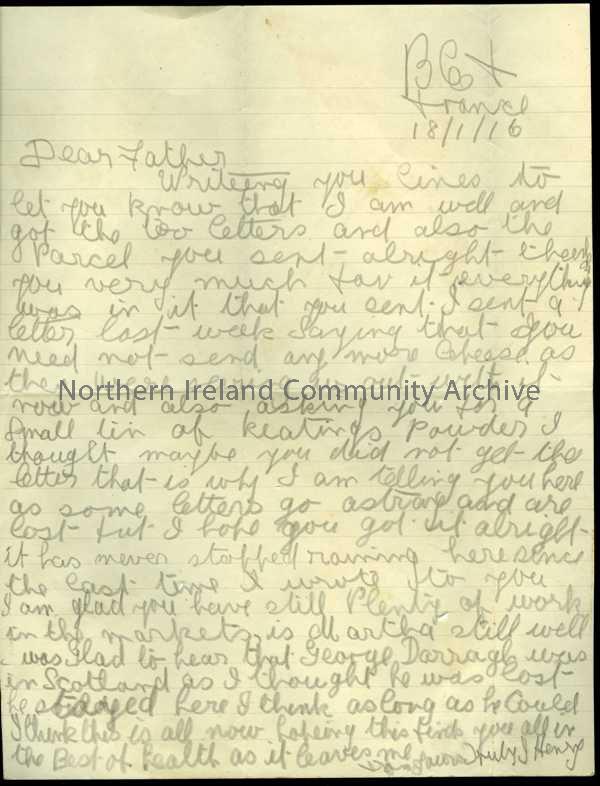 Handwritten letter in pencil from James to his father. Requesting flea powder but no more cheese as army rations include that. Mentions George Darrell…