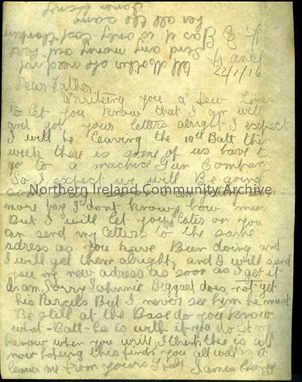 Handwritten letter in pencil from James to his father. Leaving 10th Battalion and moving to a Machine Gun Company – expects more pay – mother need not…