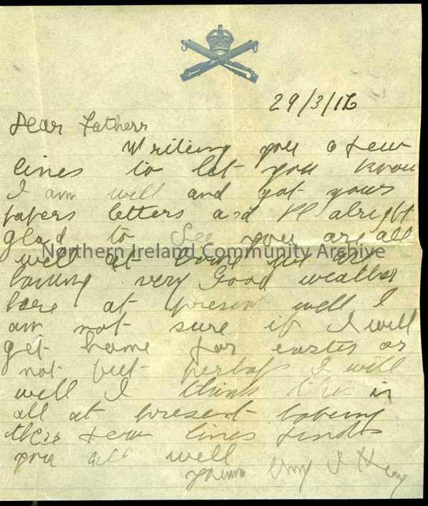 Handwritten letter in pencil on notepaper stamped at top with crown and crossed ? Vickers guns (Machine Gun Battalion emblem). Does not think will get…