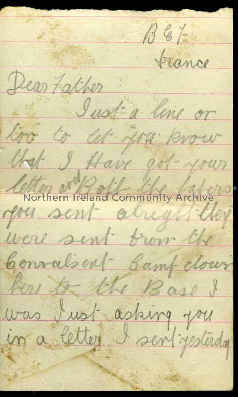 One of 3 pages of handwritten letter from James to his father. Appears to have been in convalescent camp and is now at base depot. Sees in paper that …