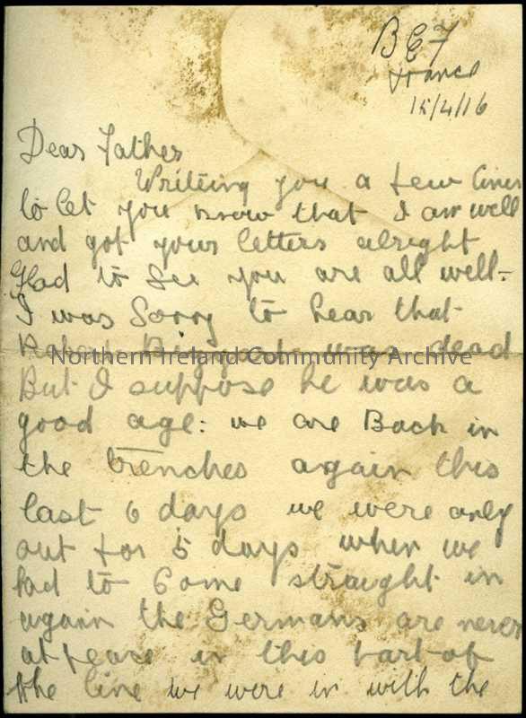 Double folded page of handwritten letter in pencil from James to his father. In trenches for past 6 days with the South Wales Borders, who lost 100 me…