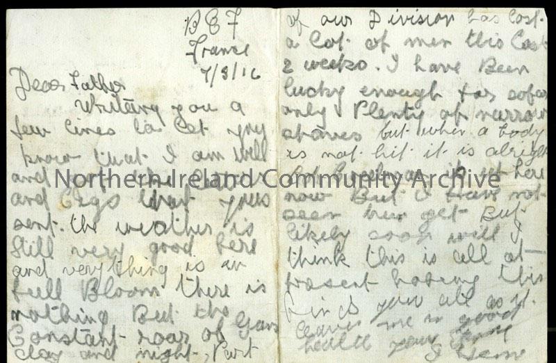 Folded double page of handwritten letter in pencil from James to his father.Weather good but constant roar of guns – Division has lost lot of men and …