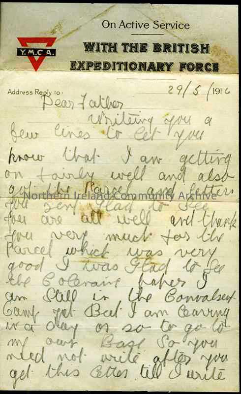 Handwritten letter in pencil on YMCA headed notepaper – ‘On Active Service with the British Expeditionary Force” – from James to his father. Still in …