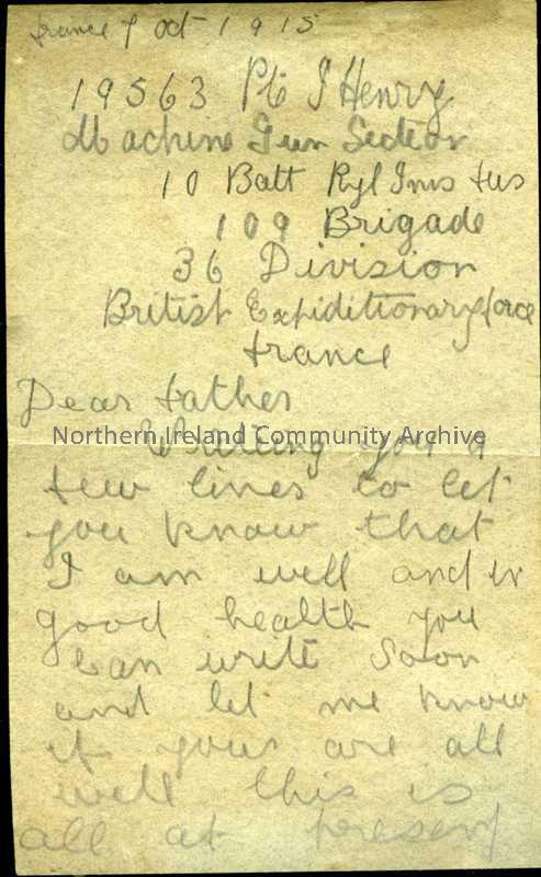 Handwritten letter in pencil from James to his father. Small note with full address
