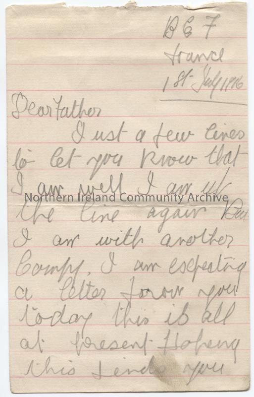 One of 2 pages of handwritten letter in pencil from James to his father. Back ‘up the line’ again with a new company – gives new address