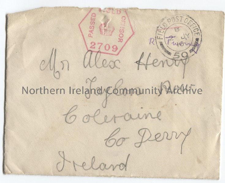Addressed cream envelope with red censor stamp