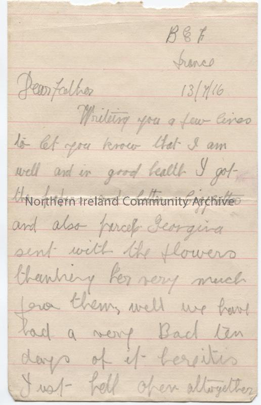 One of 4 pages of handwritten letter in pencil from James to his father. Has had bad 10 days – ” just hell open altogether” – thought each minute was …