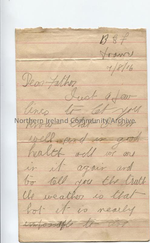 One of 2 pages of handwritten letter in pencil from James to his father. Weather hot, dust and sand 2 feet deep – difficult to fight