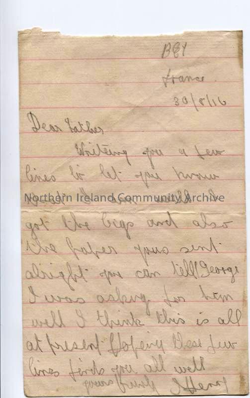 Handwritten letter from James to his father. Received parcels and cigarettes. Mentions a George.