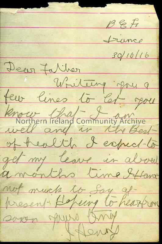 Handwritten letter in pencil from James to his father. Short note – expects to get leave in a month’s time.