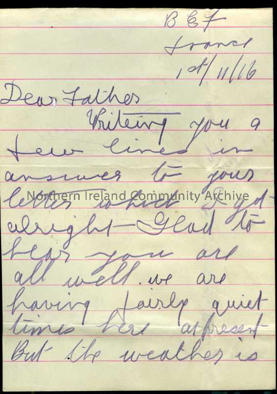 One of 3 pages of handwritten letter, in purple pencil, from James to his father. Cold but quiet. Mentions Sammie Millar