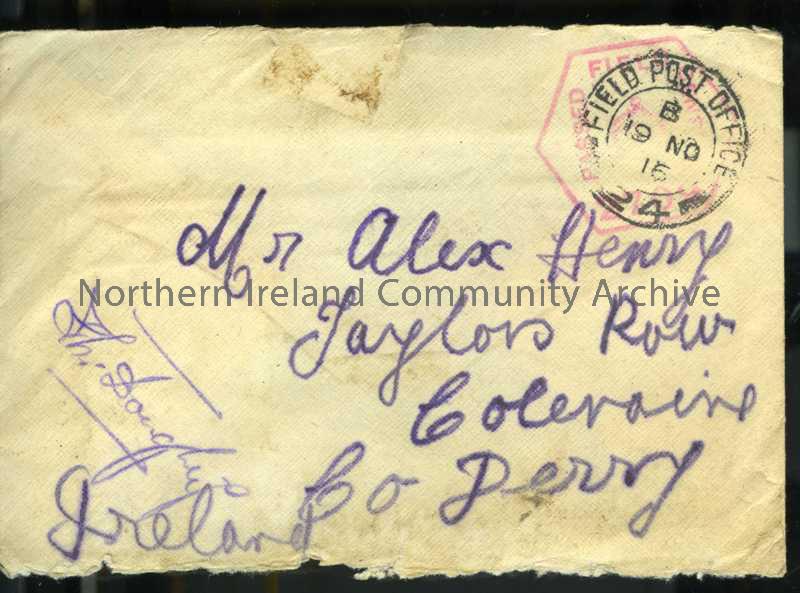 Cream envelope, addressed in purple pencil, with red censor stamp
