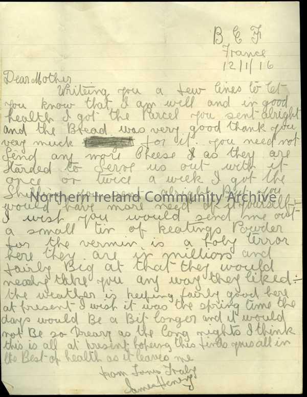 Handwritten letter in pencil from James to his mother. Received bread and shilling. Does not need cheese as army provides but would like Keatings Powd…