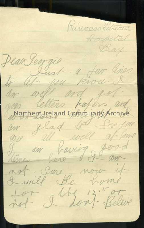 One of 3 pages of handwritten letter from James to his sister Georgina, refers to her as Georgie. He is in a convalescent hospital in Bray, County Wic…
