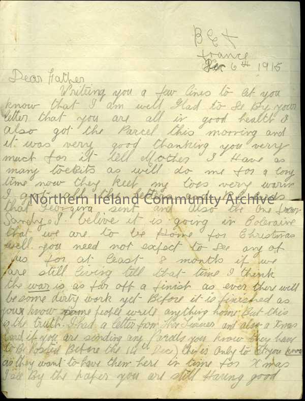 Handwritten letter in pencil from James to his father. War is far from being finished, does not expect home leave for at least 8 months – if he is sti…
