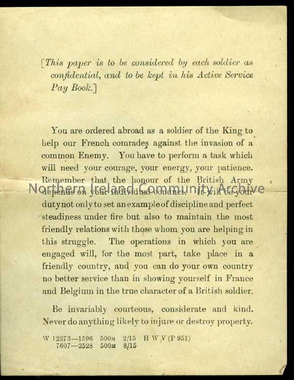 Small double sided printed leaflet from Kitchener to troops with instructions about duty and behaviour