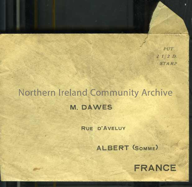 Envelope addressed with printed details – no context or information re name on envelope