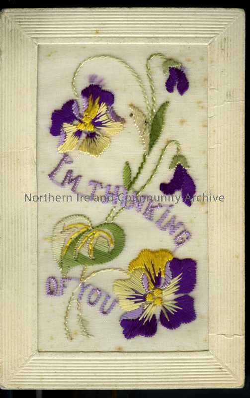 Embroidered postcard from James to sister Georgina, showing pansies and ‘I’m thinking of you’ – no message on reverse