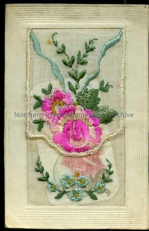 Embroidered postcard embroidered with flowers, from ‘Andy’ and wishing Happy Christmas. Contains ‘secret’ flap with small card inside.