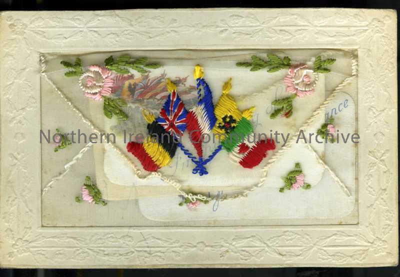 Embroidered postcard with flag of Belgium, Union Jack, Russian Imperial Flag (1699-1917) and Italy (1848-1946). ‘Secret’ flap with 3 small cards insid…