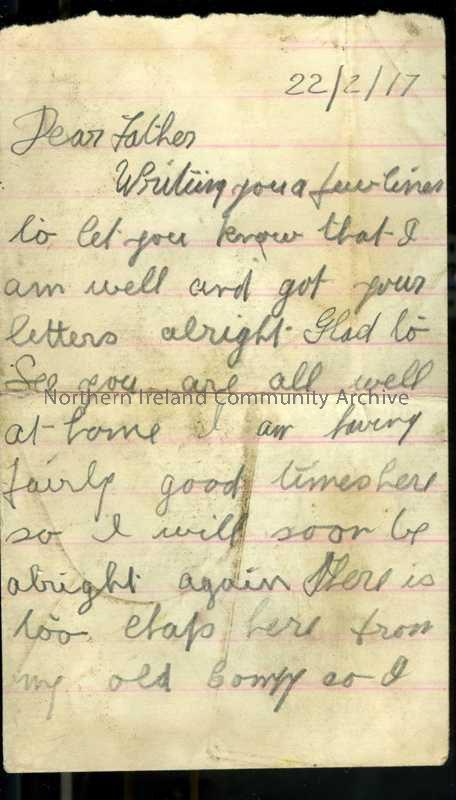 One of 2 pages of handwritten letter from James to his father. In Grantham still – met 2 from old company. Mentions Willie Watt – in different camp