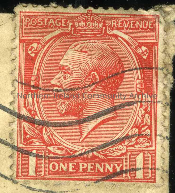 red 1d postage stamp with King George V’s head and lines of PO stamp across