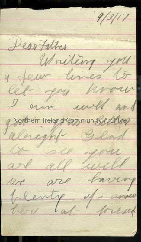 One of 2 pages of handwritten letter in pencil from James to his father. Expects to have leave in week or so. Snowing