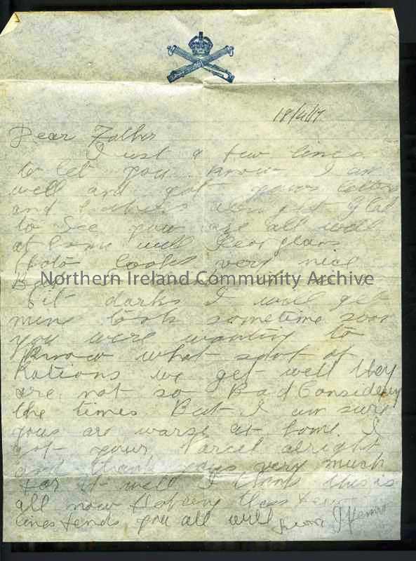 Handwritten letter in pencil on paper with heading of emblem of MGC – crossed Vickers guns – from James to his father. Received photo of Georgina – lo…