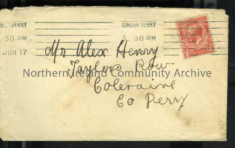 Cream addressed envelope with Londonderry PO stamp