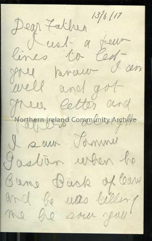 Folded double page of handwritten letter in pencil from James to his father. Still in Finner. Saw Tommie Gaston from home. Mentions Ulster Division be…