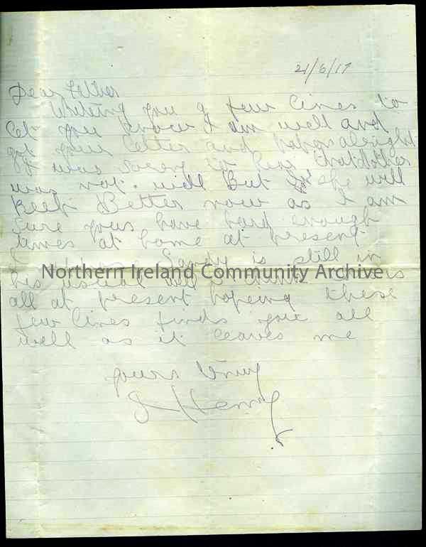 Handwritten letter in pencil from James to his father. Mother not well. Mentions Sandy [brother]