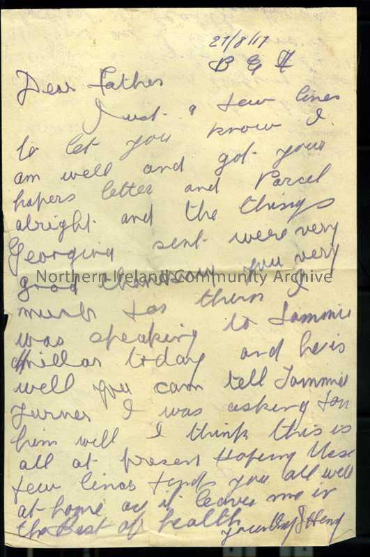 Handwritten letter in purple pencil from James to his father. Mentions Georgina, Sammie Millar, Tommie Turner.