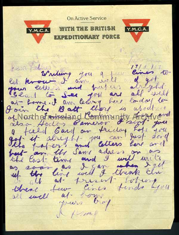 Handwritten letter in purple pencil on headed notepaper – ‘YMCA On Active Service With The British Expeditionary Force’ – from James to his father. Mo…