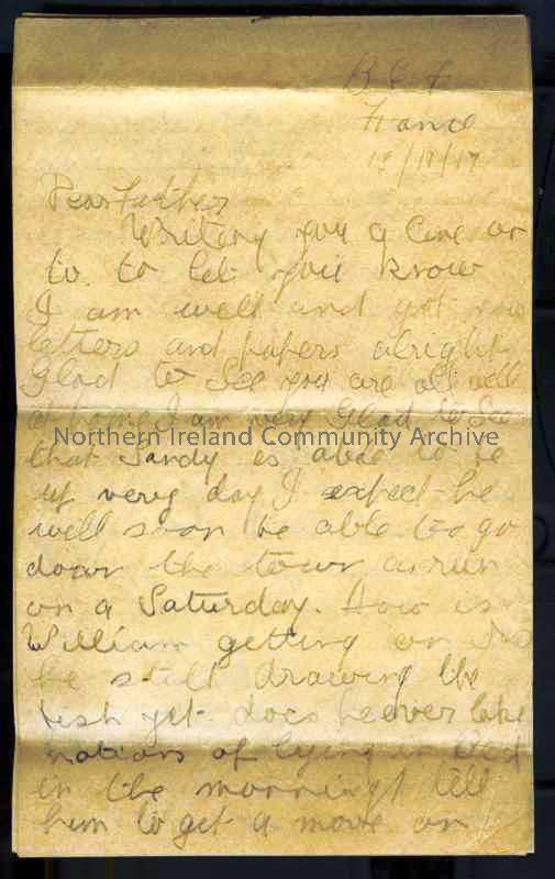 One of 5 pages of handwritten letter in pencil from James to his father. Laundry tug of war team in competition – Ballyrashane. Mentions Sandy and Wil…