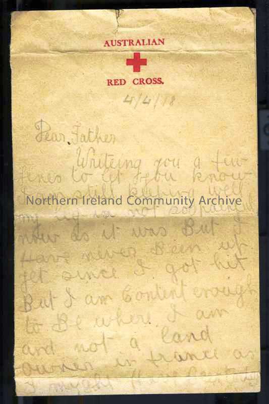 Folded double page of handwritten letter in pencil, on Australian Red Cross headed notepaper,from James to his father. In hospital near Southampton fo…