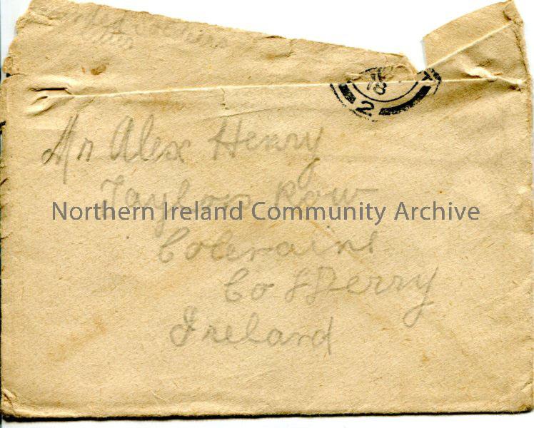Cream addressed envelope with Southampton PO stamp but no postage stamp. In top left corner James has written “wounded soldiers letter” [in letter sai…