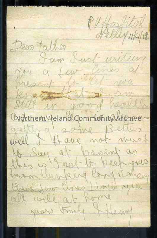 Handwritten letter in pencil from James to his father. Leg getting better – comfort letter “to keep you from thinking long”