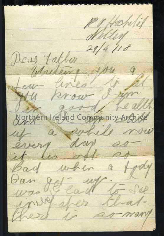 One of 3 pages of handwritten letter in pencil from James to his father. Able to get up out of bed. Saw in papers many local lads in Germany. Thinks t…