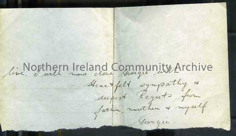 One of 2 pages [bottom of this page torn off] of handwritten letter in ink to James’ sister Georgina from Scottish relatives after news of his death  …