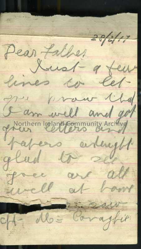 One of 2 pages of handwritten letter in pencil from James to his father. Mentions Captain McConaghie and S [?Sammie] Millar