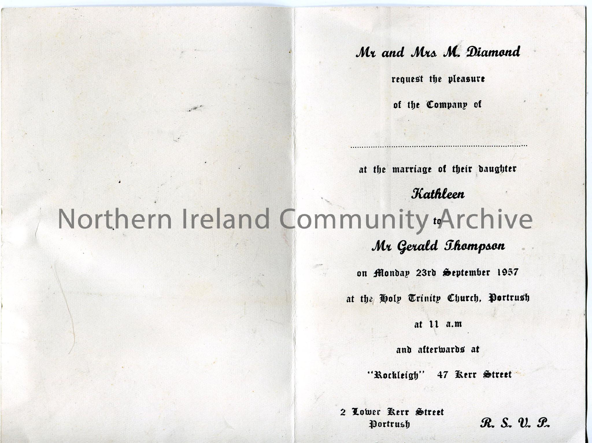 Wedding invitation to 1957 wedding of parents of donor