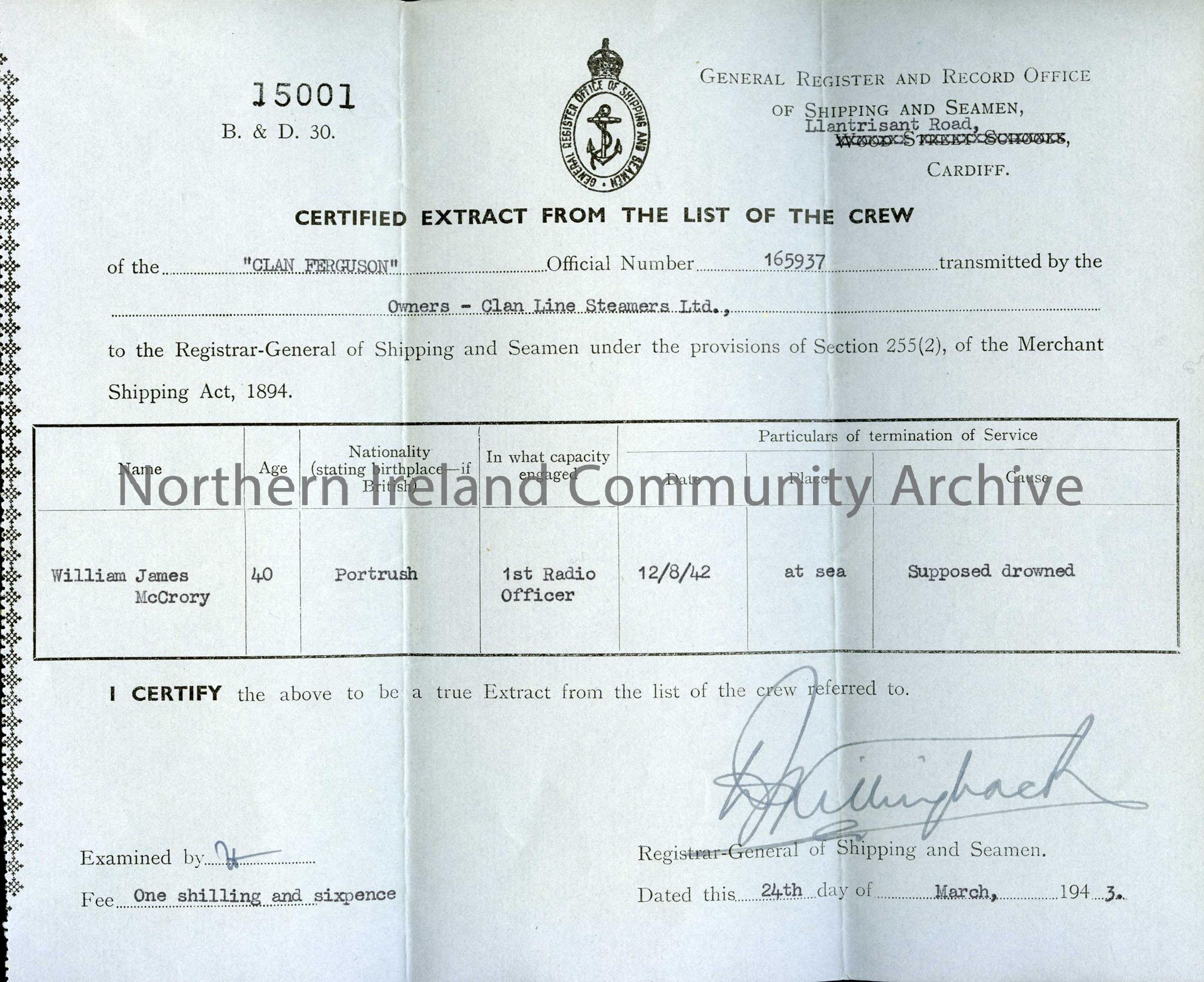Official document from the General Register and Record Office of Shipping  and Seamen, Cardiff – Certified Extract from the List of the Crew. Gives  det… – NI Archive